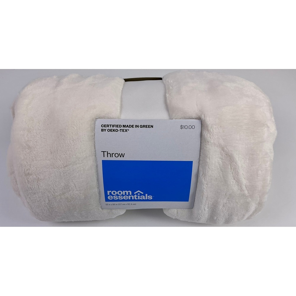 50x60 Room Essentials Cream Plush Throw Blanket Certified Made In Green OEKO TEX
